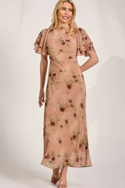 High Neck Angel Sleeve Chiffon Maxi Dress, Coral Floral