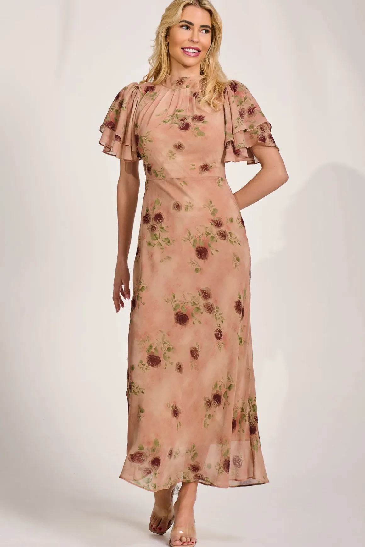 High Neck Angel Sleeve Chiffon Maxi Dress, Coral Floral