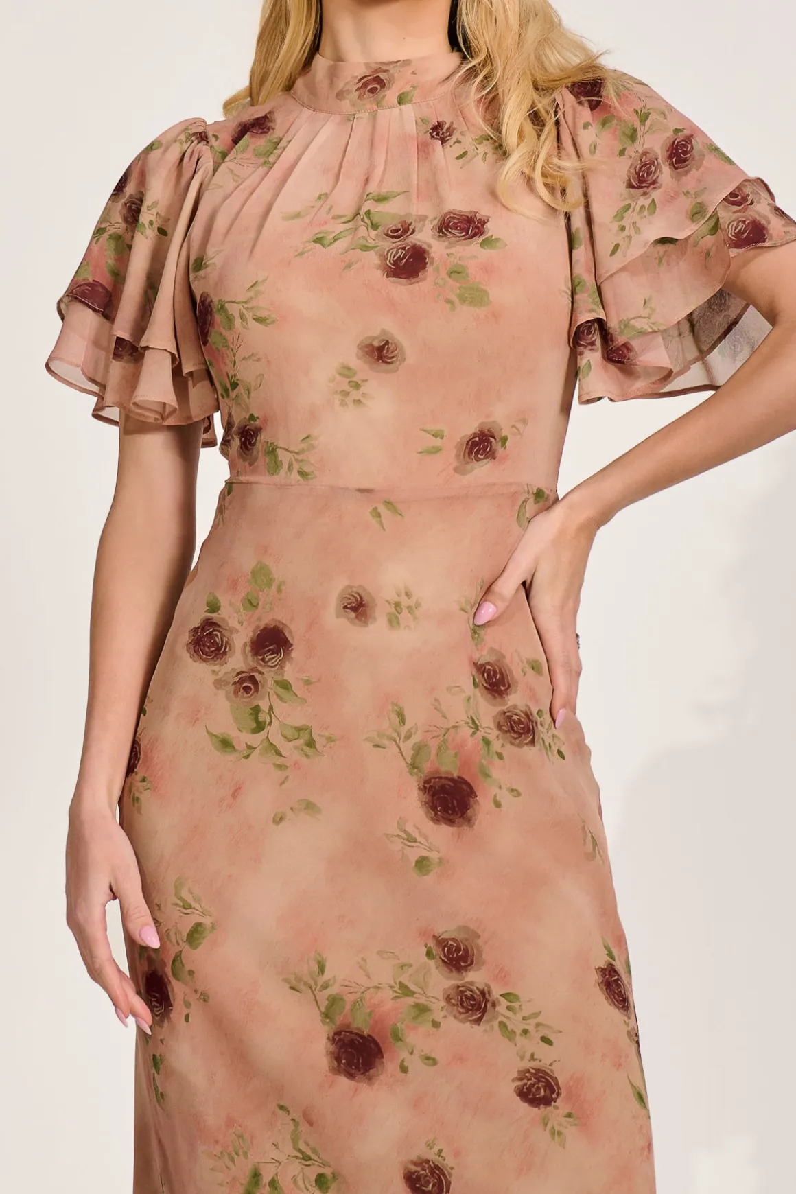 High Neck Angel Sleeve Chiffon Maxi Dress, Coral Floral