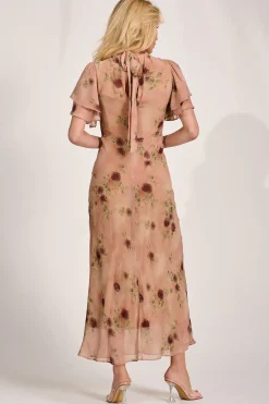 High Neck Angel Sleeve Chiffon Maxi Dress, Coral Floral