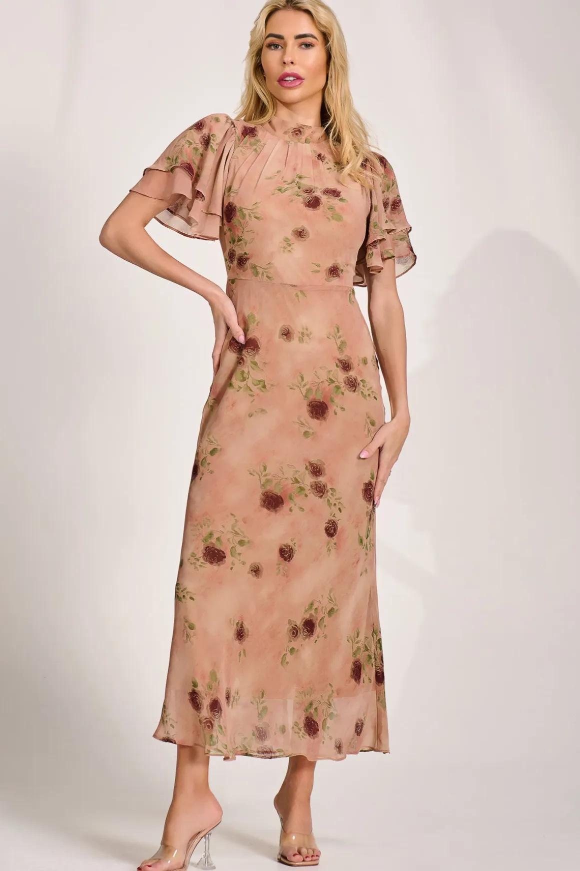 High Neck Angel Sleeve Chiffon Maxi Dress, Coral Floral