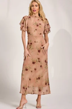 High Neck Angel Sleeve Chiffon Maxi Dress, Coral Floral
