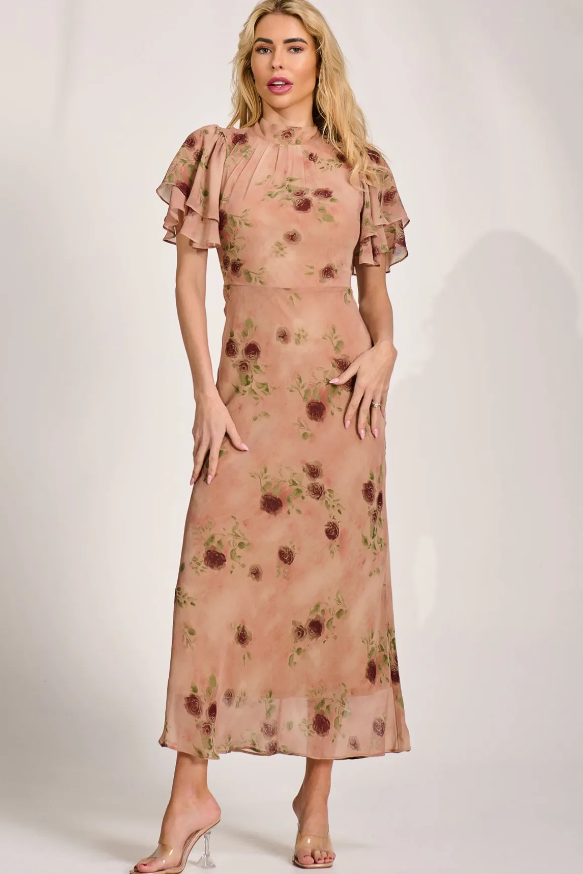 High Neck Angel Sleeve Chiffon Maxi Dress, Coral Floral