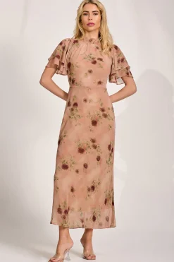 High Neck Angel Sleeve Chiffon Maxi Dress, Coral Floral