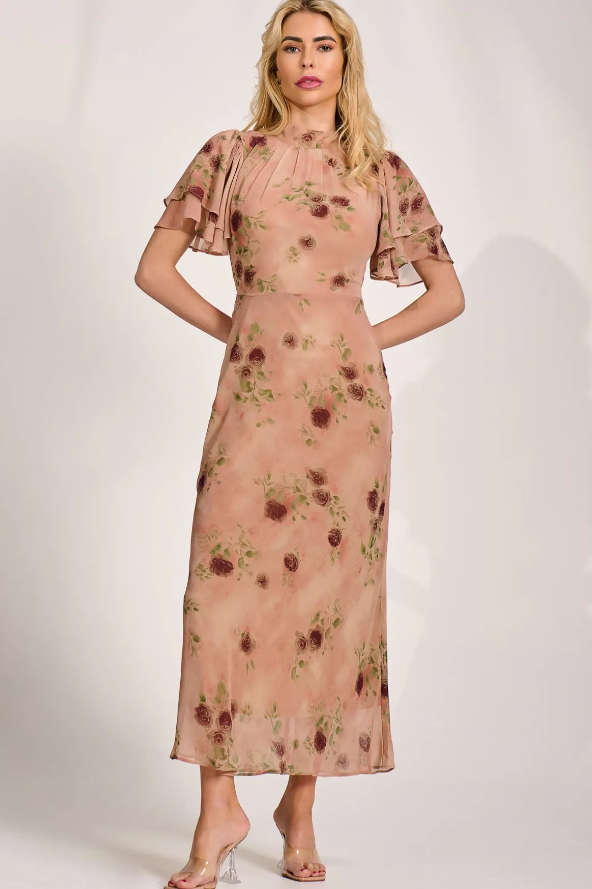 High Neck Angel Sleeve Chiffon Maxi Dress, Coral Floral