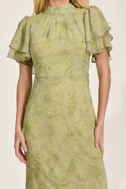 High Neck Angel Sleeve Chiffon Maxi Dress, Green Abstract