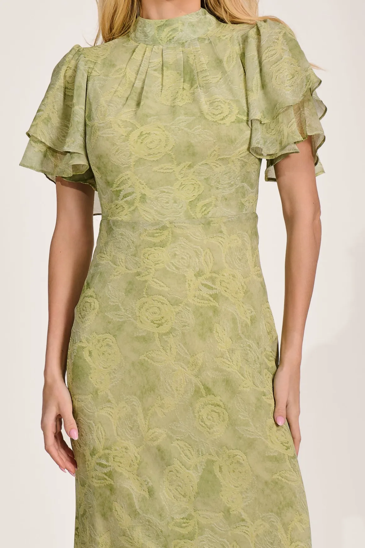 High Neck Angel Sleeve Chiffon Maxi Dress, Green Abstract