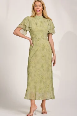 High Neck Angel Sleeve Chiffon Maxi Dress, Green Abstract