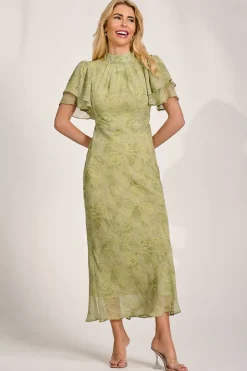 High Neck Angel Sleeve Chiffon Maxi Dress, Green Abstract