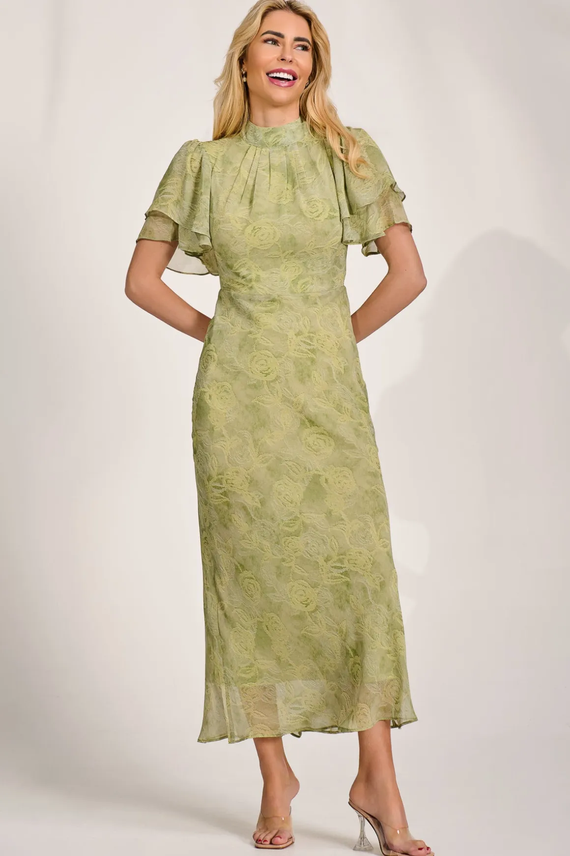 High Neck Angel Sleeve Chiffon Maxi Dress, Green Abstract