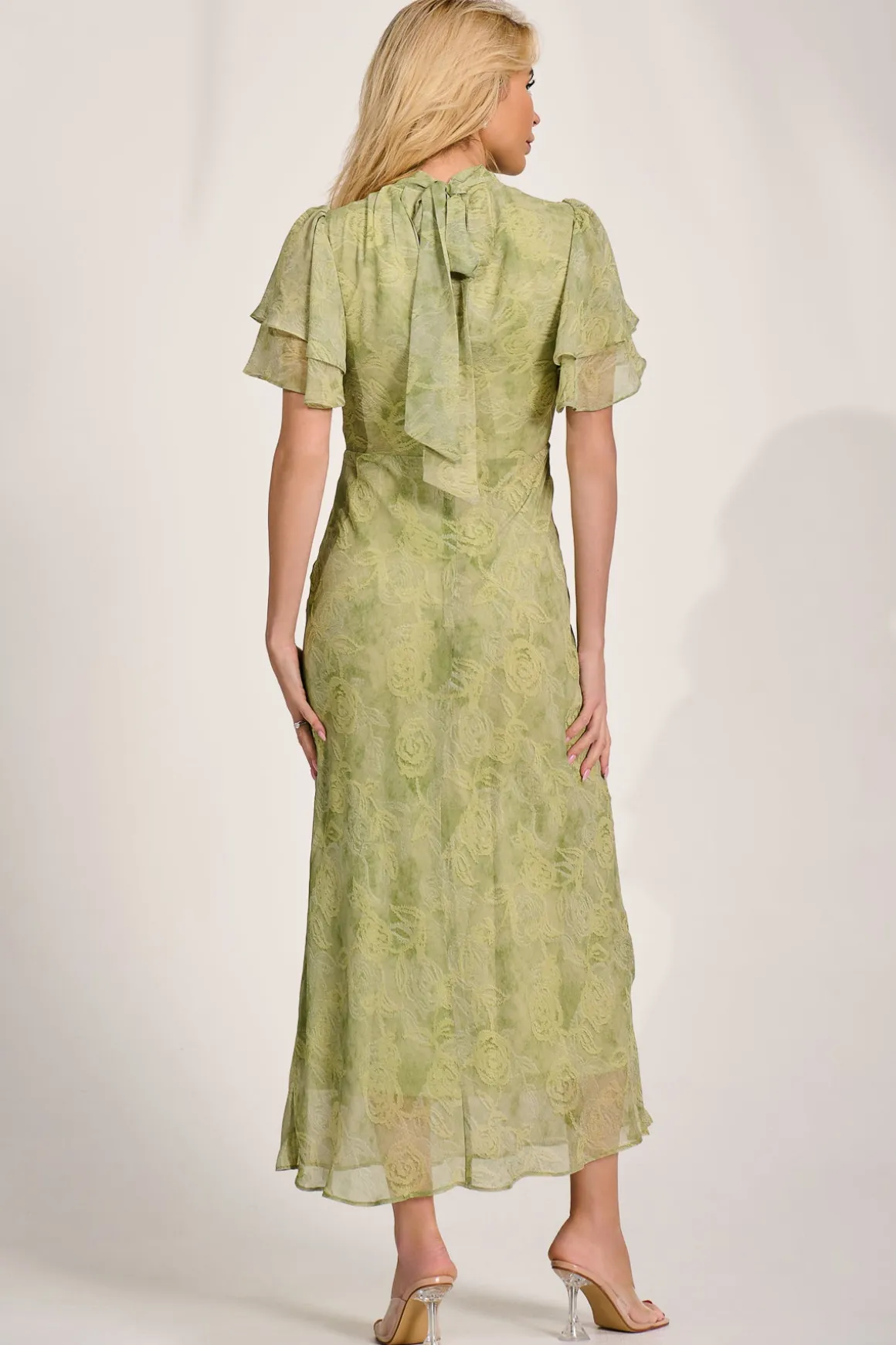 High Neck Angel Sleeve Chiffon Maxi Dress, Green Abstract