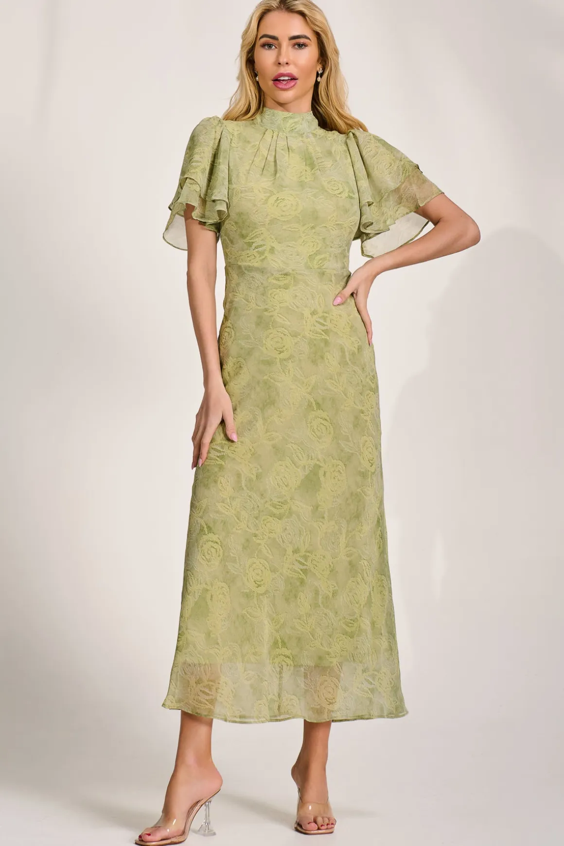 High Neck Angel Sleeve Chiffon Maxi Dress, Green Abstract