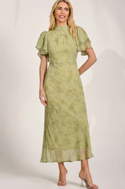 High Neck Angel Sleeve Chiffon Maxi Dress, Green Abstract