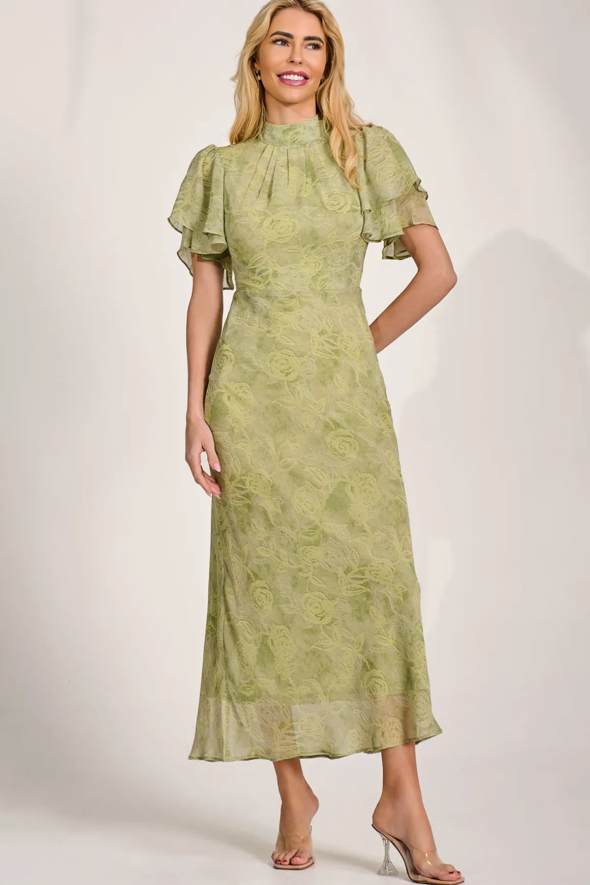High Neck Angel Sleeve Chiffon Maxi Dress, Green Abstract