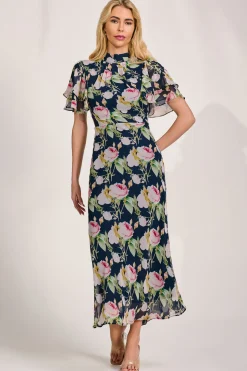 High Neck Angel Sleeve Chiffon Maxi Dress, Navy Floral