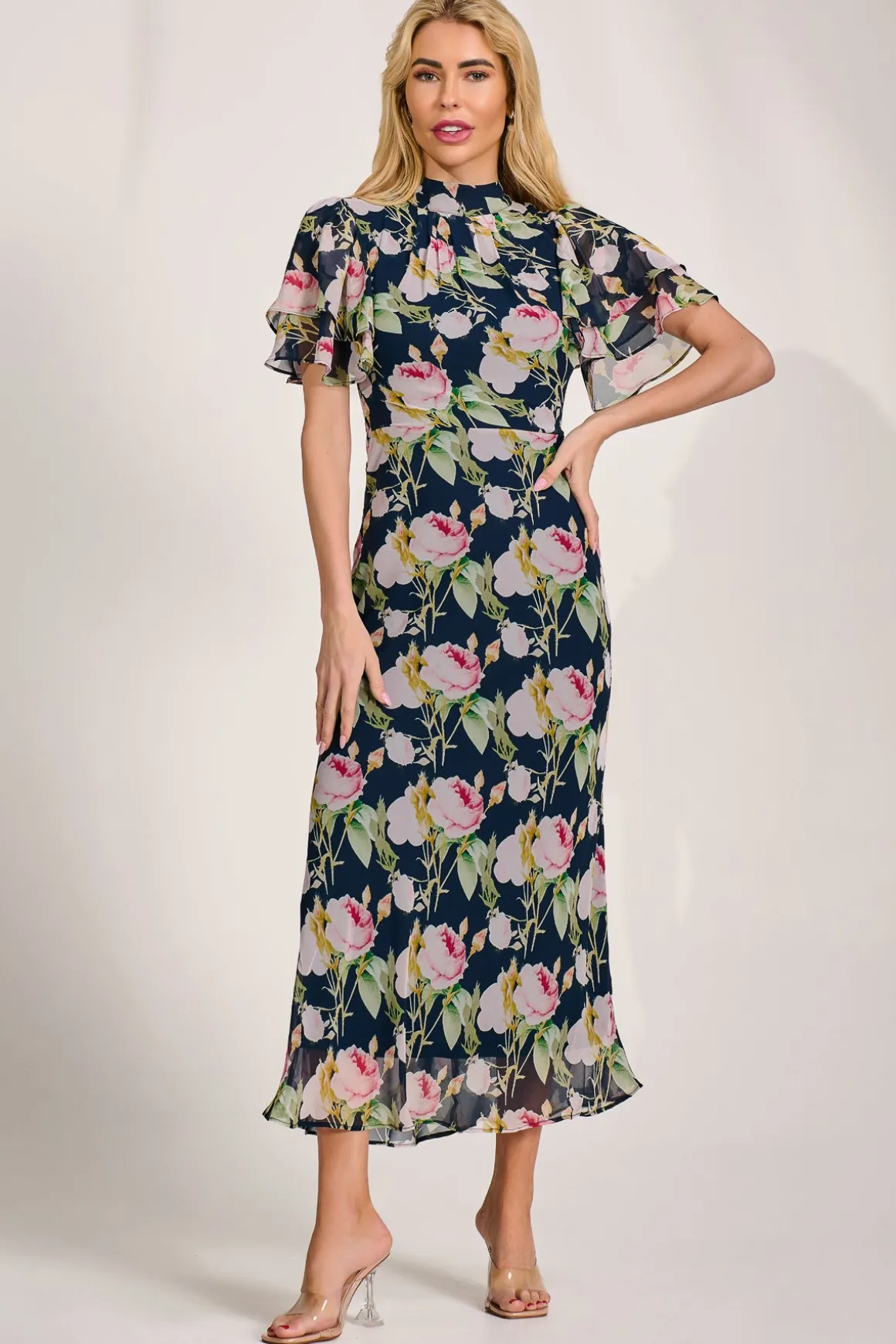 High Neck Angel Sleeve Chiffon Maxi Dress, Navy Floral