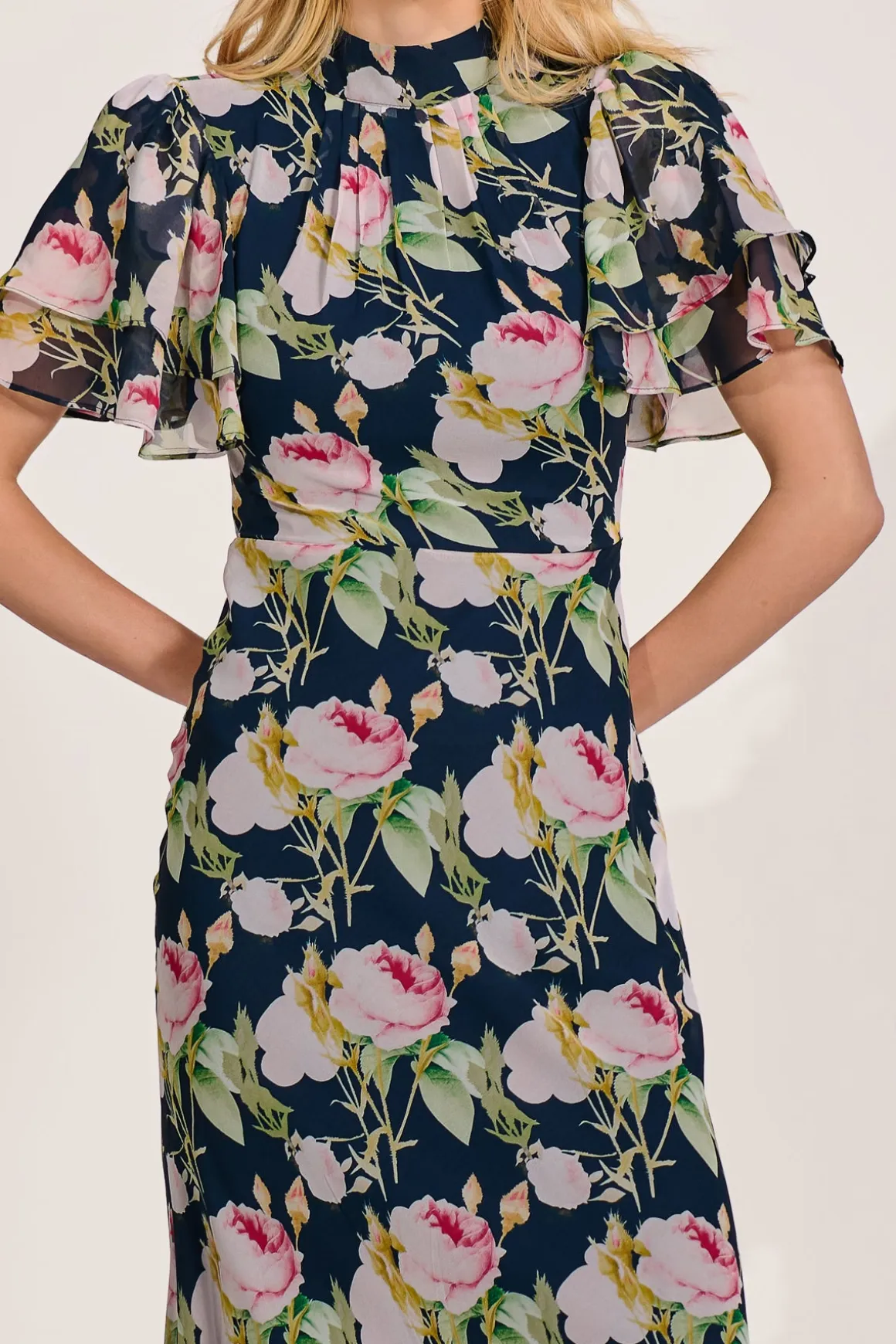 High Neck Angel Sleeve Chiffon Maxi Dress, Navy Floral