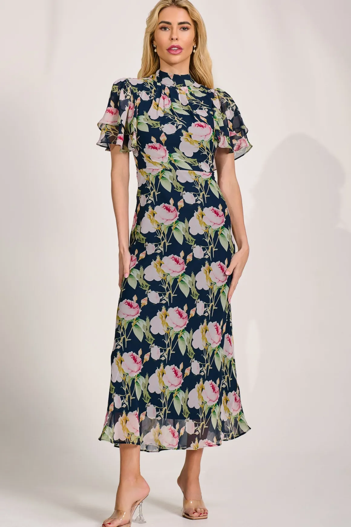 High Neck Angel Sleeve Chiffon Maxi Dress, Navy Floral