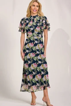 High Neck Angel Sleeve Chiffon Maxi Dress, Navy Floral