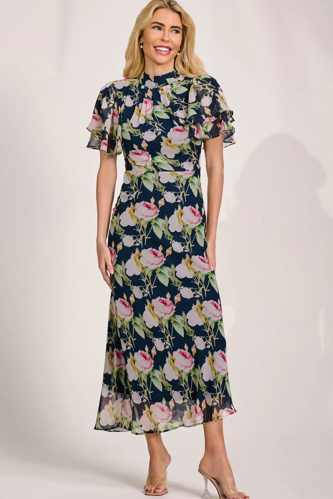 High Neck Angel Sleeve Chiffon Maxi Dress, Navy Floral