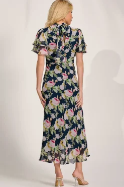 High Neck Angel Sleeve Chiffon Maxi Dress, Navy Floral