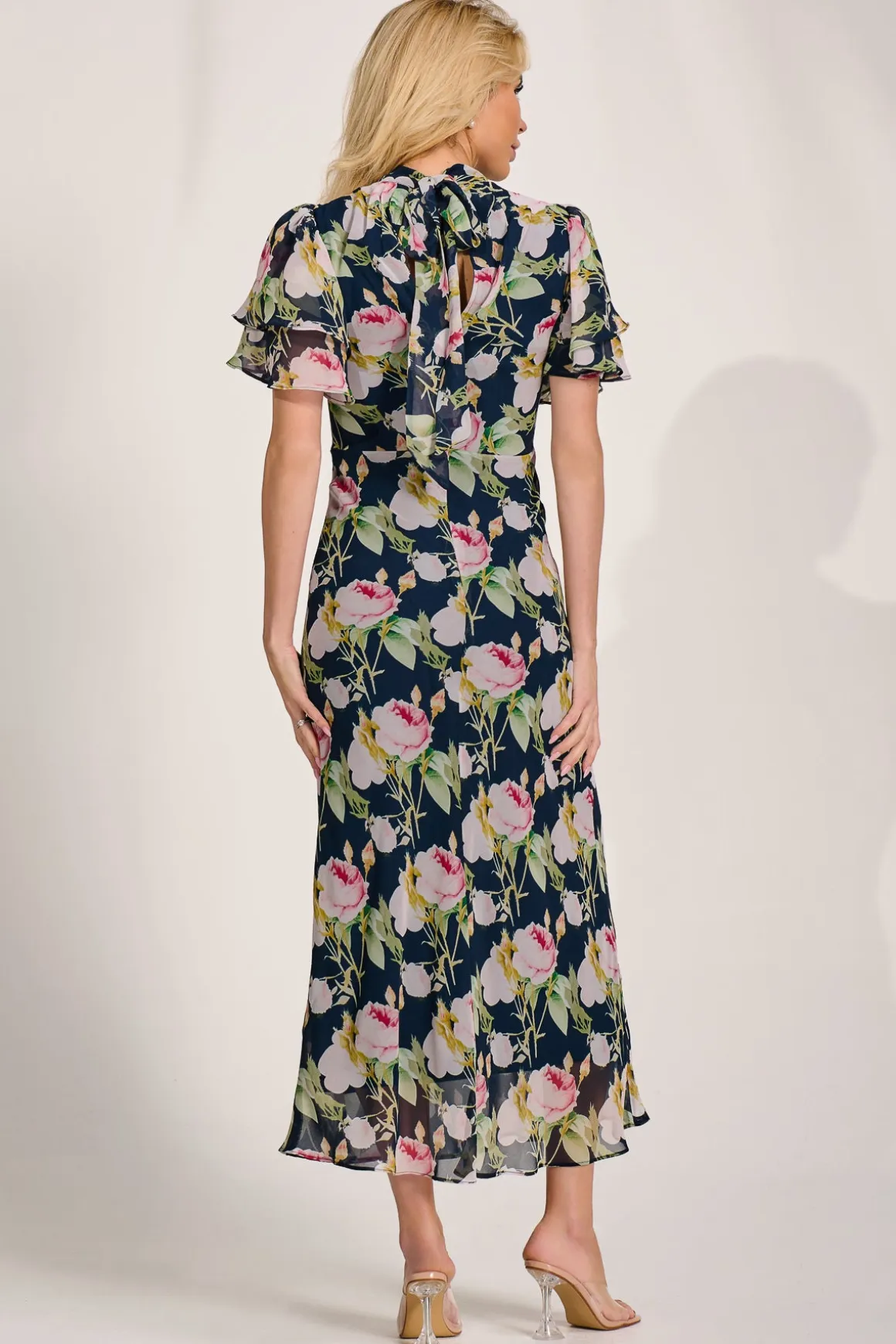 High Neck Angel Sleeve Chiffon Maxi Dress, Navy Floral