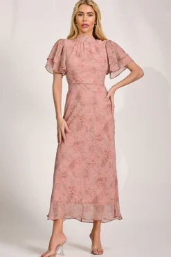 High Neck Angel Sleeve Chiffon Maxi Dress, Pink Abstract