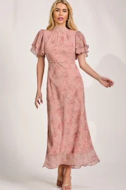 High Neck Angel Sleeve Chiffon Maxi Dress, Pink Abstract