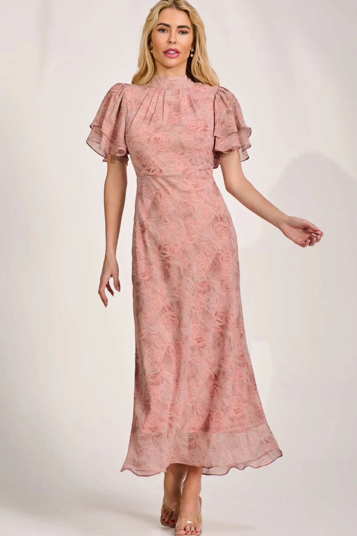 High Neck Angel Sleeve Chiffon Maxi Dress, Pink Abstract