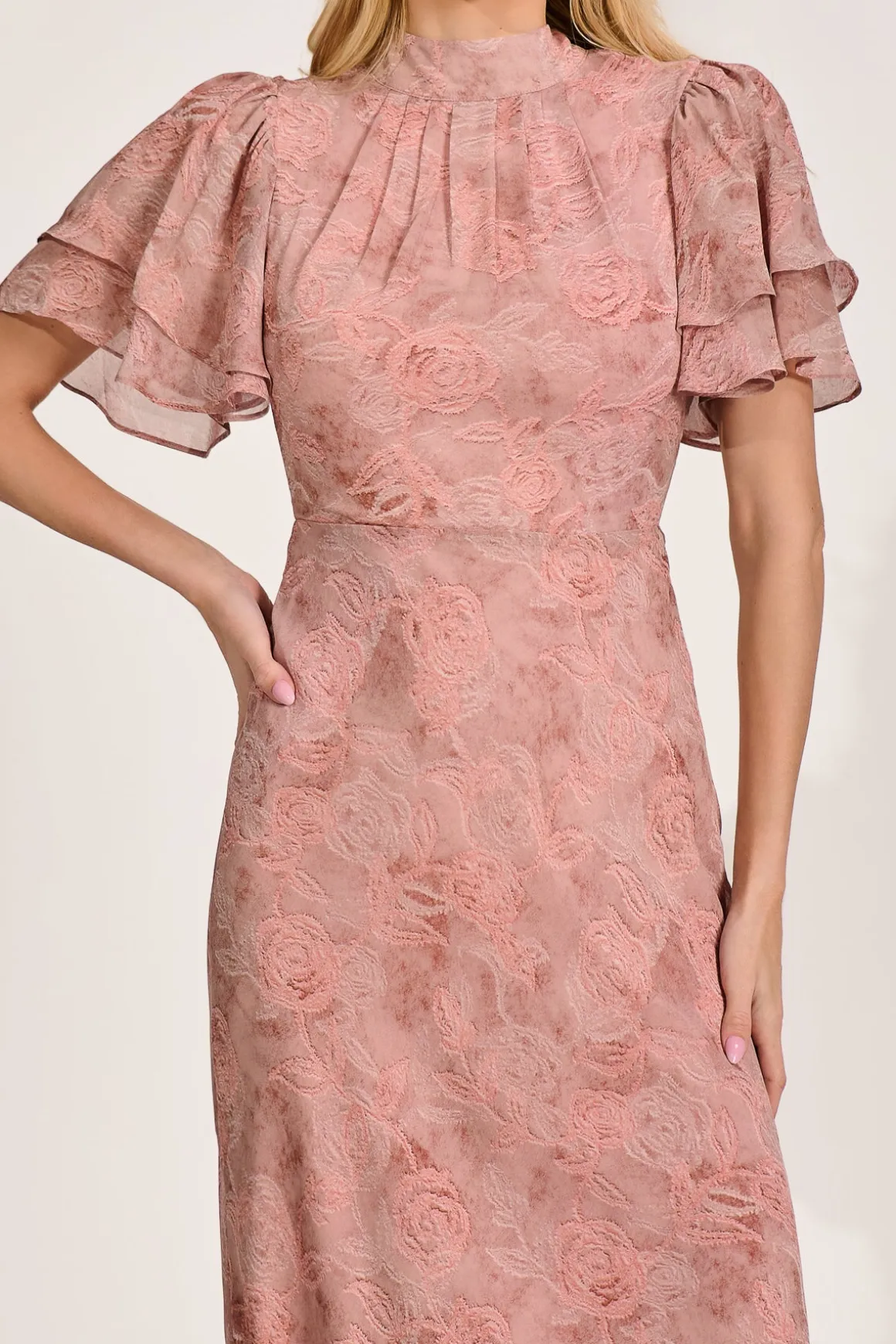 High Neck Angel Sleeve Chiffon Maxi Dress, Pink Abstract