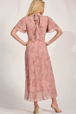 High Neck Angel Sleeve Chiffon Maxi Dress, Pink Abstract