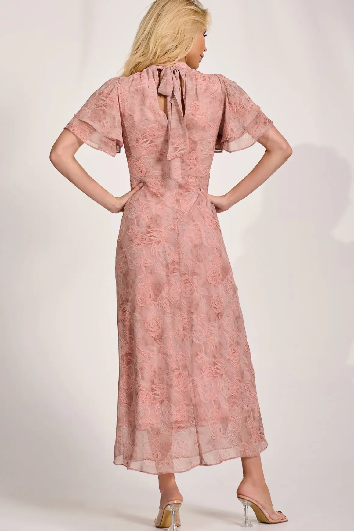 High Neck Angel Sleeve Chiffon Maxi Dress, Pink Abstract