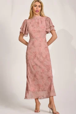 High Neck Angel Sleeve Chiffon Maxi Dress, Pink Abstract