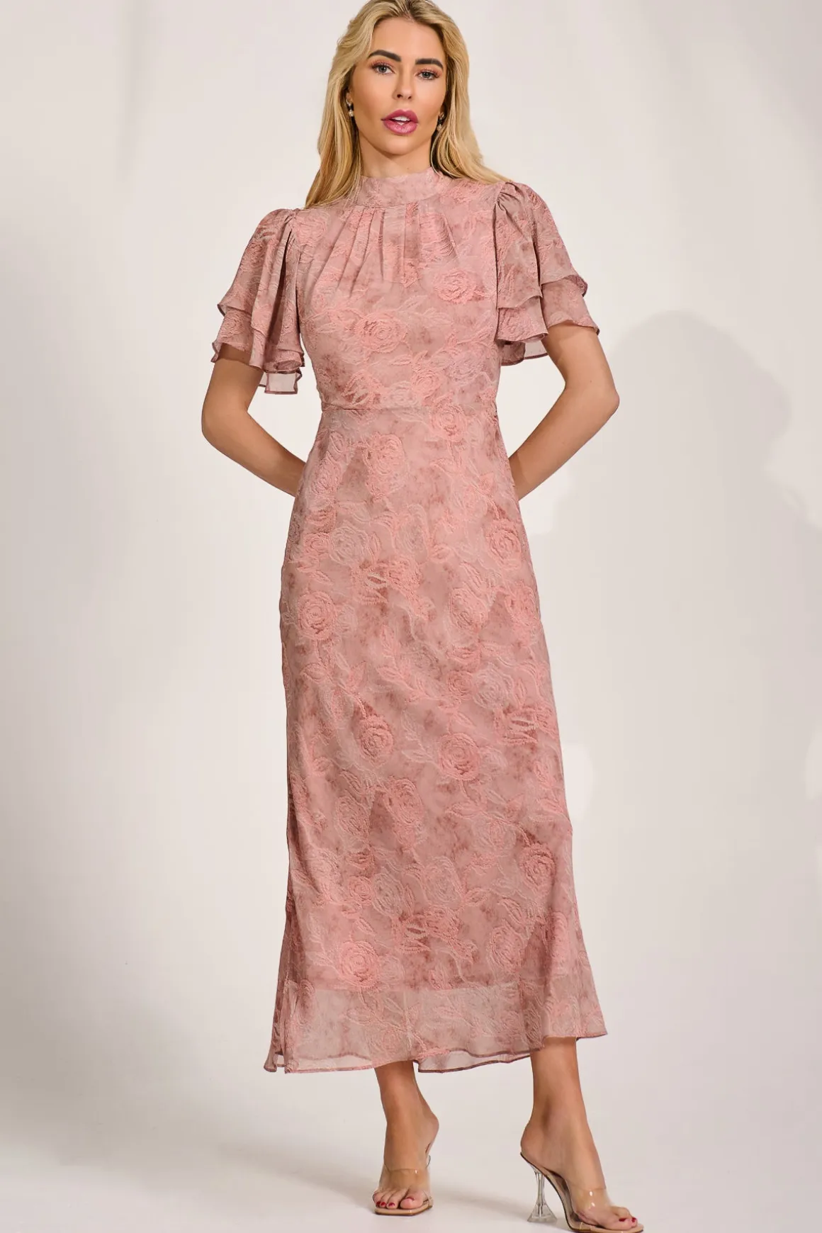 High Neck Angel Sleeve Chiffon Maxi Dress, Pink Abstract