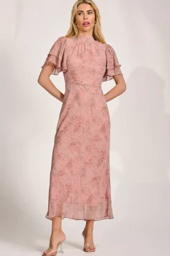 High Neck Angel Sleeve Chiffon Maxi Dress, Pink Abstract