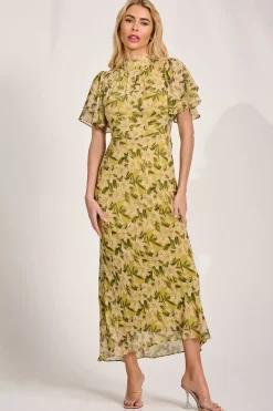 High Neck Angel Sleeve Chiffon Maxi Dress, Yellow Floral