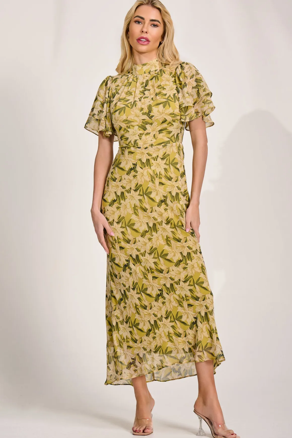 High Neck Angel Sleeve Chiffon Maxi Dress, Yellow Floral