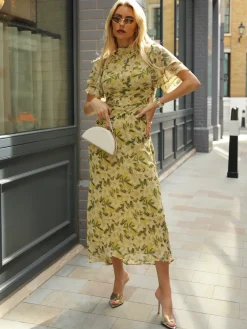High Neck Angel Sleeve Chiffon Maxi Dress, Yellow Floral