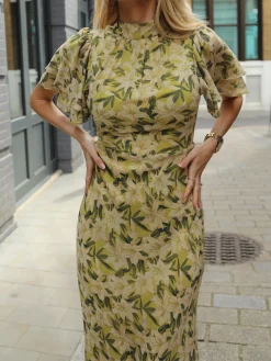 High Neck Angel Sleeve Chiffon Maxi Dress, Yellow Floral