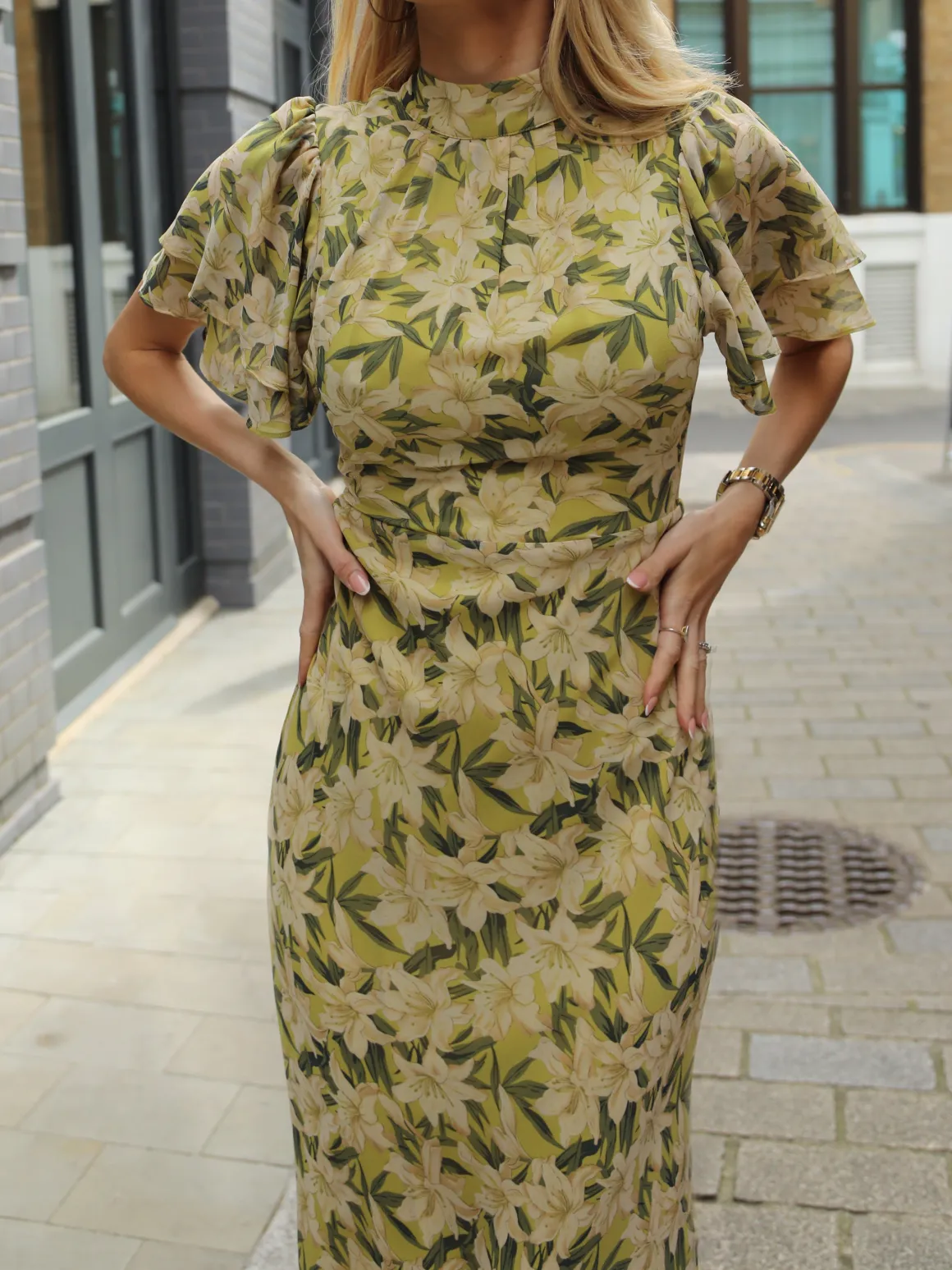 High Neck Angel Sleeve Chiffon Maxi Dress, Yellow Floral