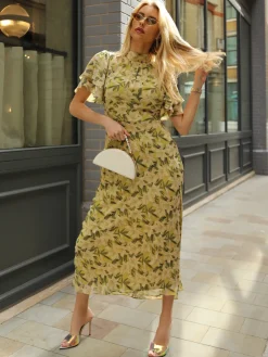 High Neck Angel Sleeve Chiffon Maxi Dress, Yellow Floral