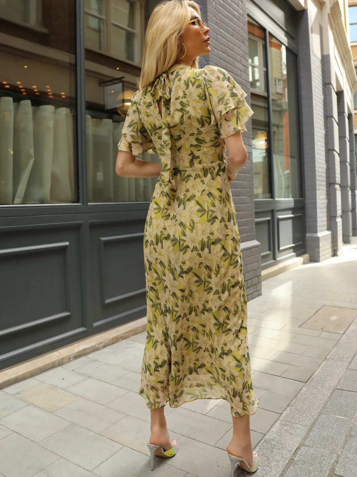 High Neck Angel Sleeve Chiffon Maxi Dress, Yellow Floral