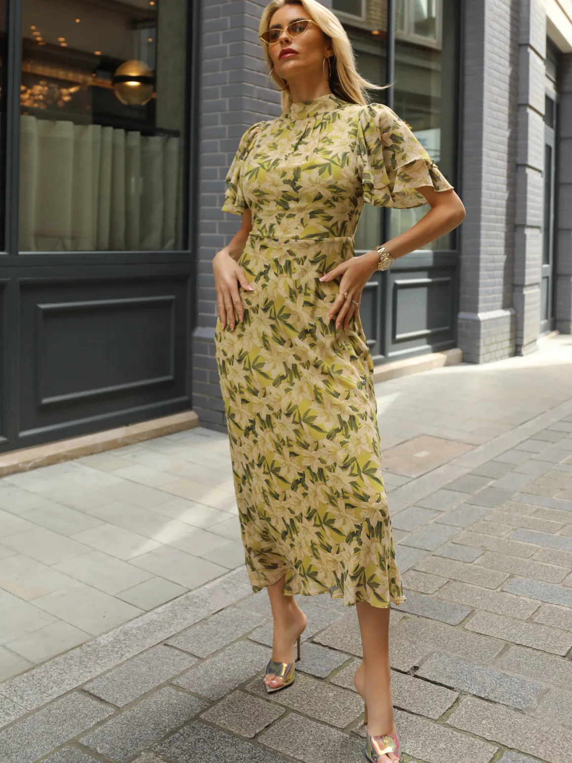 High Neck Angel Sleeve Chiffon Maxi Dress, Yellow Floral