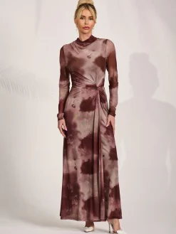 High Neck Long Sleeve Mesh Maxi Dress, Mocha Abstract