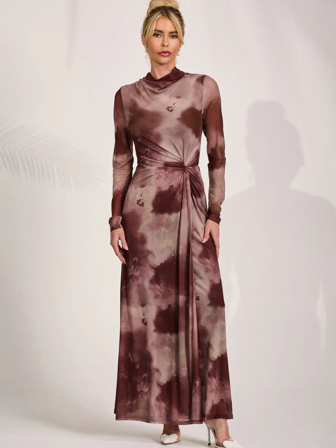High Neck Long Sleeve Mesh Maxi Dress, Mocha Abstract
