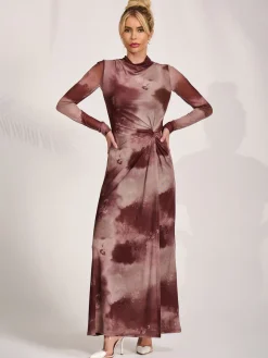 High Neck Long Sleeve Mesh Maxi Dress, Mocha Abstract