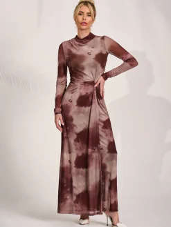 High Neck Long Sleeve Mesh Maxi Dress, Mocha Abstract