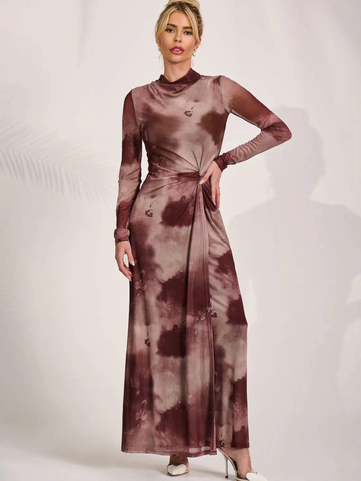 High Neck Long Sleeve Mesh Maxi Dress, Mocha Abstract