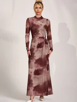 High Neck Long Sleeve Mesh Maxi Dress, Mocha Abstract