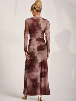 High Neck Long Sleeve Mesh Maxi Dress, Mocha Abstract